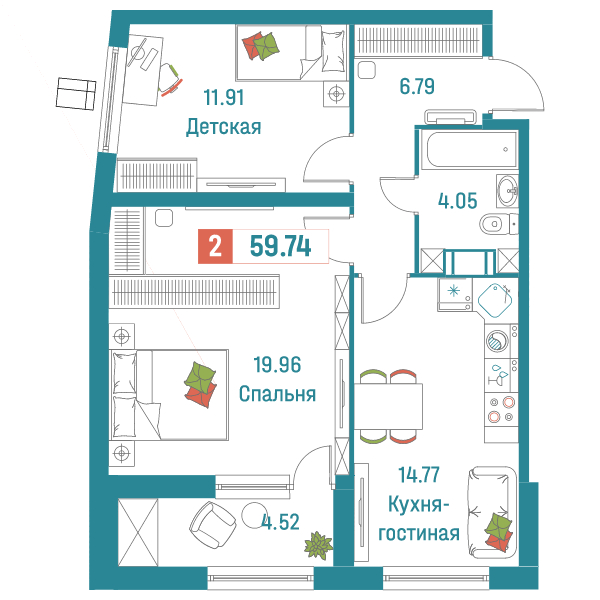 Двухкомнатная квартира в ЖК Графика